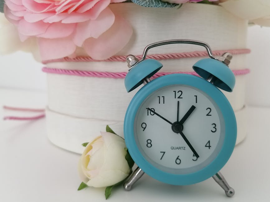 A light blue vintage-style alarm clock with twin bells and a round face displaying the time as approximately 12:02, positioned next to a white rose with green leaves. The background features a white r