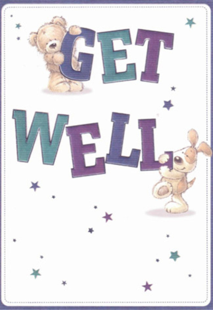 With its blend of innocence and optimism, this get well card captures the gentle energy distinctive to the Hillingdon area. A teddy bear-its fur drawn with feathery, caramel strokes-cuddles the embossed 'GET,' while a sprightly puppy supports the vibrant 'WELL,' both characters beaming encouragement. The typography uses confident purples and cool teals that pop against an inviting cream backdrop, echoing the cherished sights of nearby nature reserves. Sprinkled stars in amethyst, navy, and aqua float midair, lending the card a magical atmosphere-like sunlight glinting off Cowley Lake. Richly detailed, the bear's soft fluff and the puppy's velveteen ears invite touch, creating an emotional as well as visual comfort. Imagine gifting this card together with fresh flowers gathered from the local high street; their combined message offers hope and reassurance, perfect for brightening recovery days throughout Hillingdon.